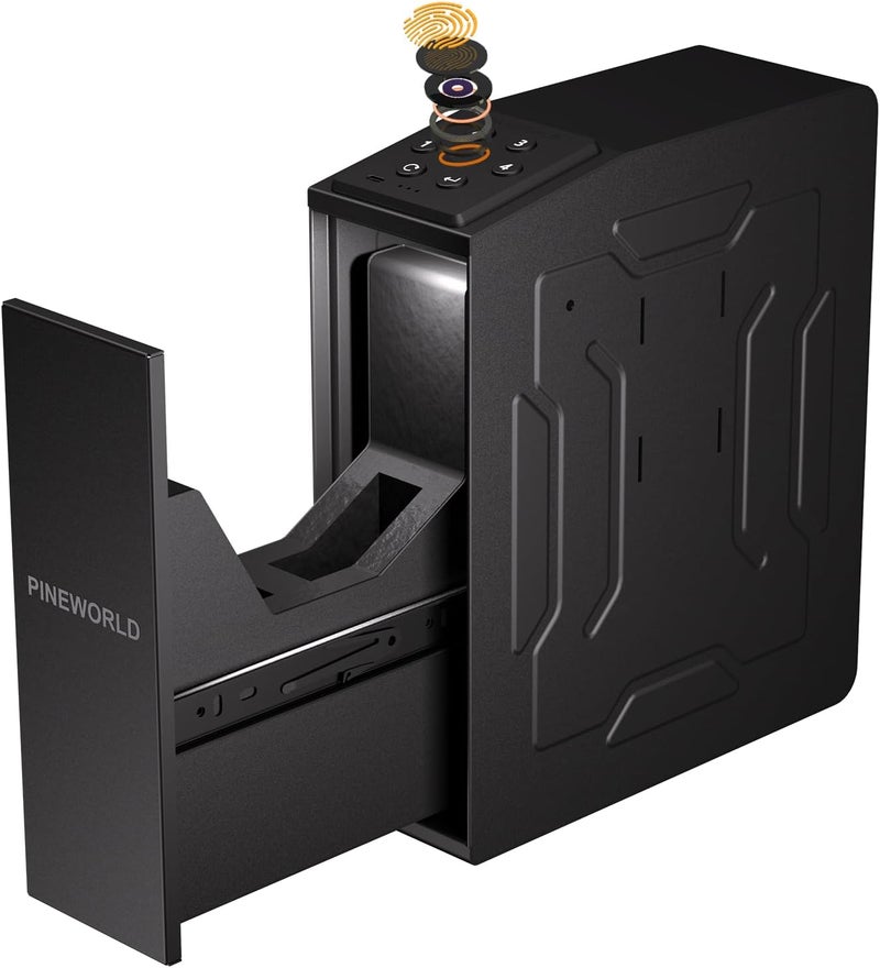 PINEWORLD Gun Safe For Handgun, Biometric Slider Bedside Handgun Safe, Pistol Lock Case for Nightstand,Sliding Door Hand Gun Safe for Pistol -with 3 Quick Access Fingerprint, PIN Code, KEY - Image 1